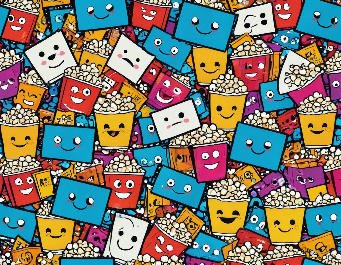 A vibrant collage featuring a film reel filled with colorful, dynamic video snippets portraying various moods: laughter, excitement, nostalgia, and inspiration. Include playful visuals like popcorn, emojis, and quirky characters that express different emotions while watching videos. The background is a cheerful splash of colors, radiating fun and joy. super-realistic. vibrant colors. cheerful atmosphere.