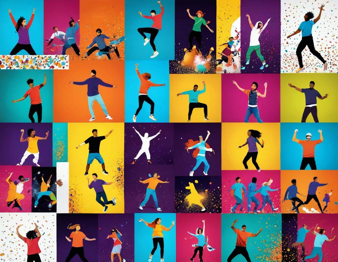 A collage of vibrant video clips frames showcasing various fun activities: people dancing, extreme sports, and amusing animal antics, all bursting with energy. Incorporate playful graphics like popcorn, 3D soundwave effects, and colorful confetti surrounding the clips to evoke excitement. The overall atmosphere should be lively and engaging, appealing to diverse audiences looking for trendy entertainment. vibrant colors. dynamic composition. playful vector art.