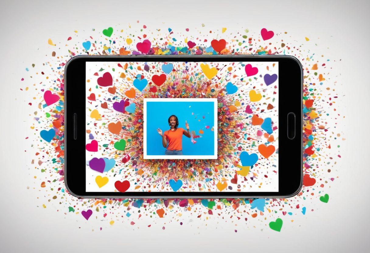 A vibrant collage of various trendy video clips on a smartphone screen, showcasing dynamic moments of joy and laughter from diverse cultures. Include bursts of colorful animations floating around, symbolizing social media engagement. Capture the essence of short-form video excitement with playful elements like confetti and hearts. The background should be bright and engaging, reflecting a fun, contemporary vibe. super-realistic. vibrant colors. white background.